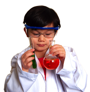 kid in lab coat with beaker