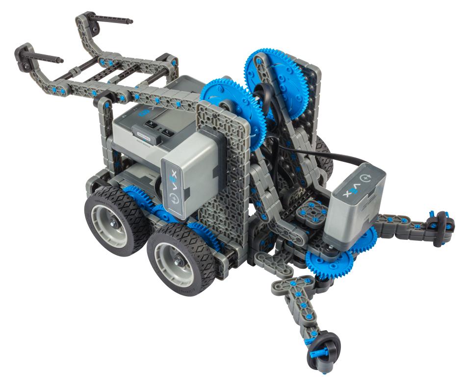 Image show a robot made with VEX, a robotics tool similar to LEGO Mindstorms. The Vex robot has a grabber claw on the front with a motor, and four wheels.