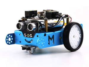 Image of a blue and black MBot Robot, with sensors and a cut-out in the frame to look like a smiling face.